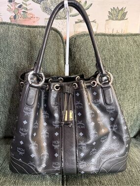 MCM Black Logo Drawstring Shoulder Bag